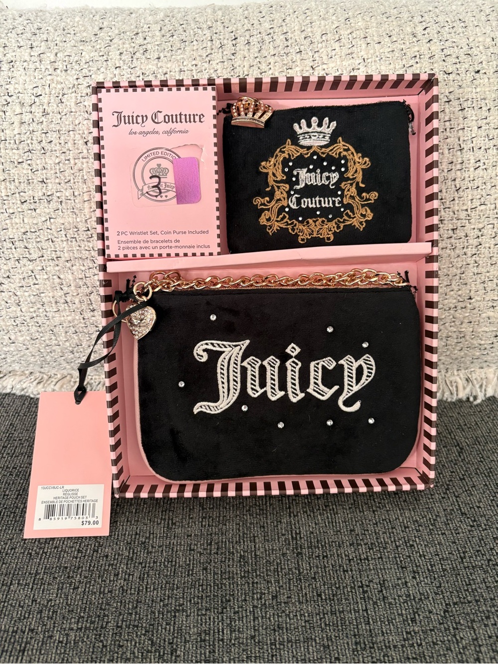 Juicy Couture Black Velvet Wristlet Duo with Gold Chain & Rhinestones